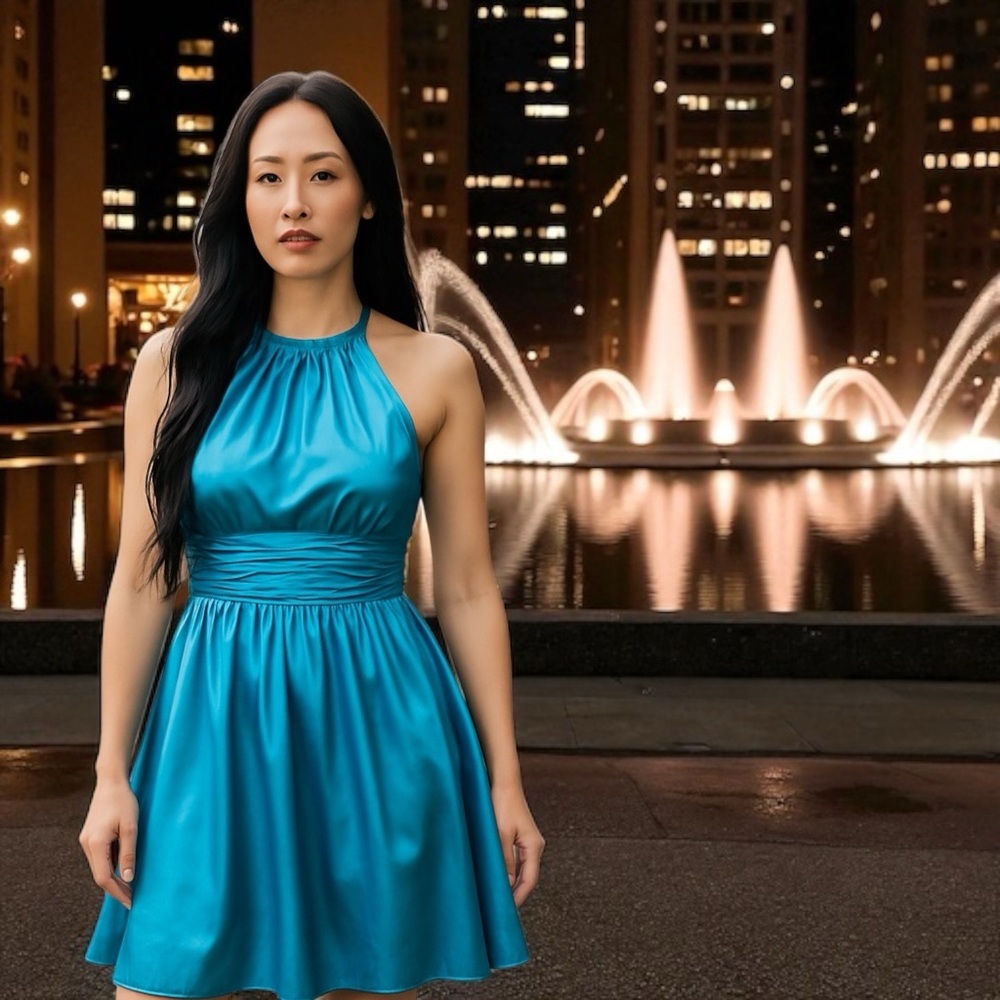 Cache Vintage Teal Silk Halter Mini Dress Women’s 12 Formal Prom Wedding Y2K